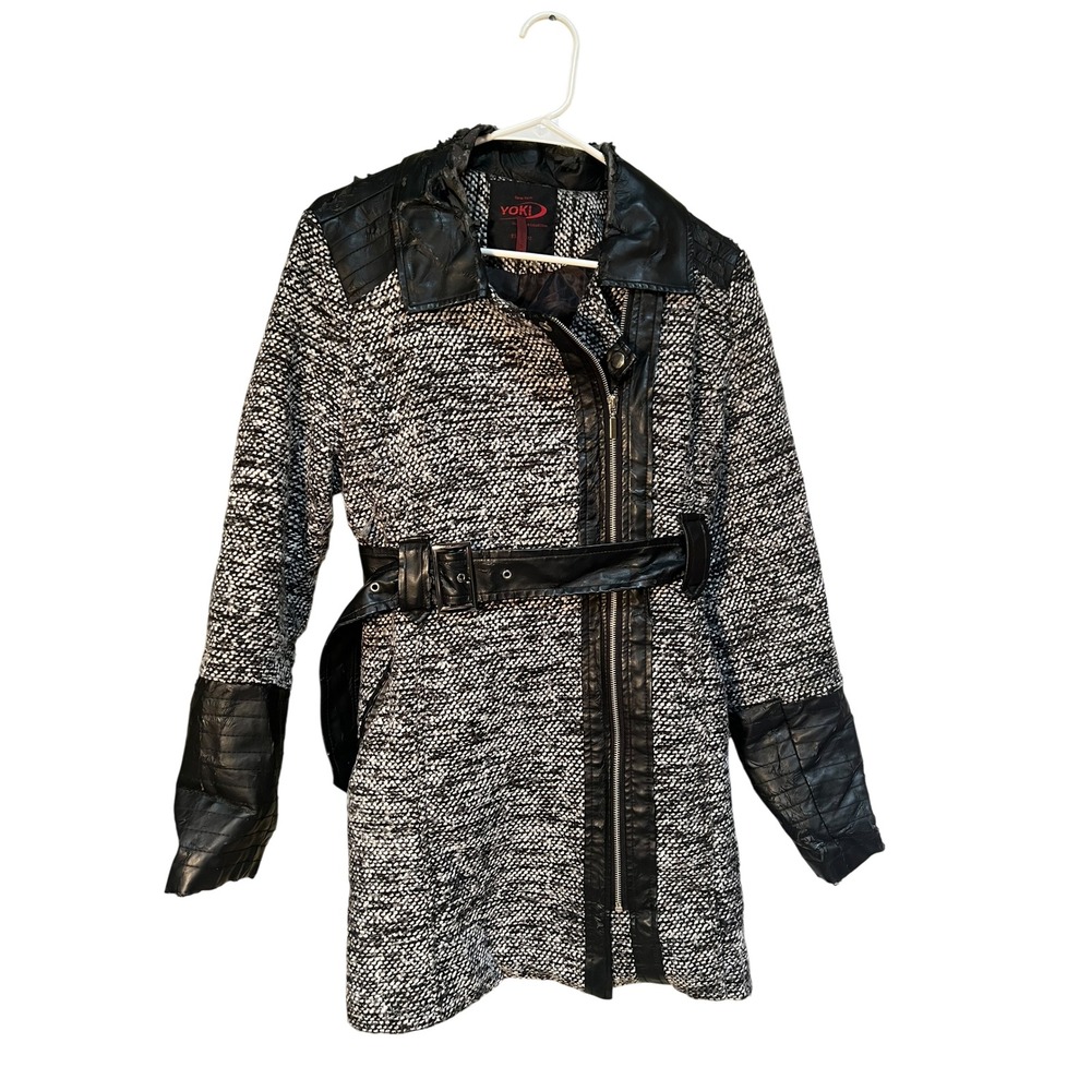 Yoki Outerwear Collection Womens Size Large Coat Jacket Black Gray Tweed Leather